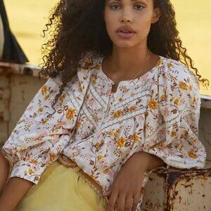 Anthropologie Harmony Lace Peasant Blouse Neutral Motif